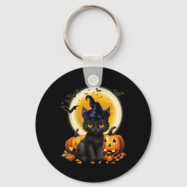Cat Witch Hat Pumpkin Moon Black Cat Funny Key Ring (Front)