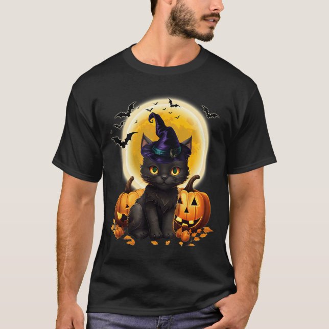 Cat Witch Hat Pumpkin Moon Black Cat Funny T-Shirt (Front)