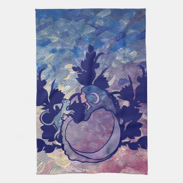 Cat Witch Moon Goddess Wiccan  Tea Towel (Vertical)