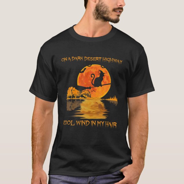 Cat Witch Riding Brooms On A Dark Desert Highway H T-Shirt (Front)