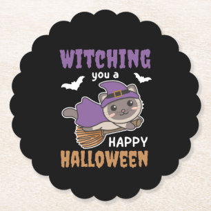 Cat Witch Witches Witching You A Happy Halloween Paper Coaster