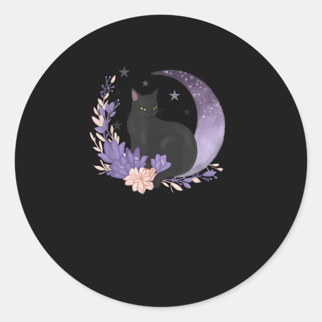 Cat Witchy Moon Flowers Pastel Goth Goblincore Classic Round Sticker (Front)
