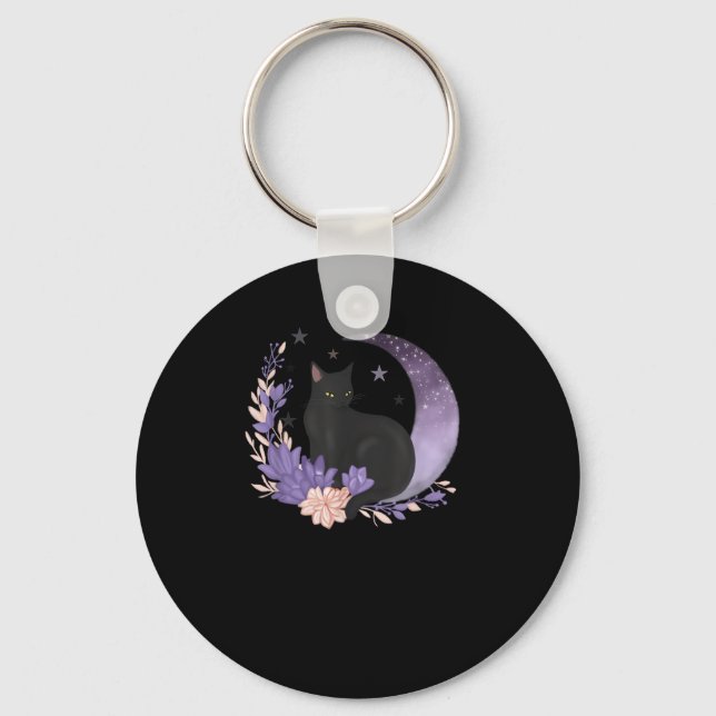 Cat Witchy Moon Flowers Pastel Goth Goblincore Key Ring (Front)