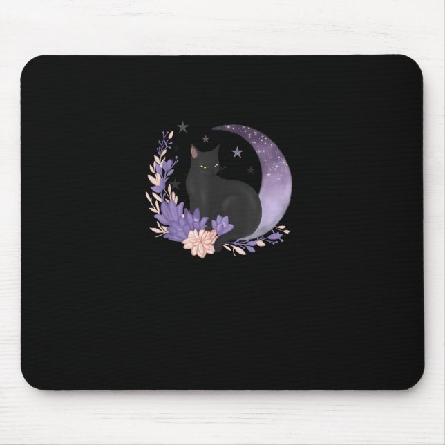 Cat Witchy Moon Flowers Pastel Goth Goblincore Mouse Mat (Front)