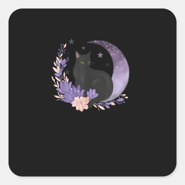 Cat Witchy Moon Flowers Pastel Goth Goblincore Square Sticker (Front)