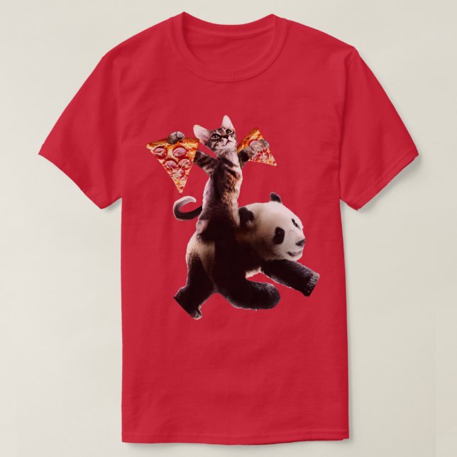 Cat with 2 Pizza Slices Riding Panda T-Shirt (Design Front)