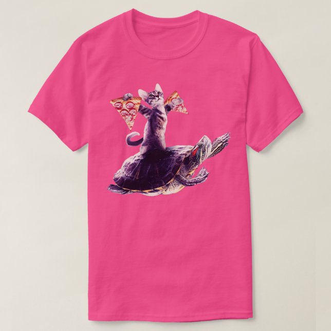 Cat with 2 Pizza Slices Riding Turtle T-Shirt (Design Front)