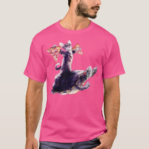 Cat with 2 Pizza Slices Riding Turtle T-Shirt
