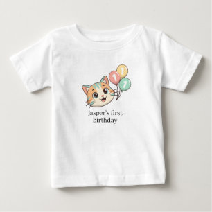 Cat with 3 Blue Balloons 1st Birthday Baby T-Shirt