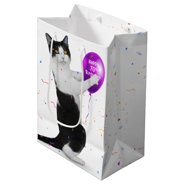 Cat with 70th Birthday Balloon Medium Gift Bag (Front Angled)