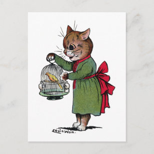 Cat with a Bird cage, Louis Wain Postcard