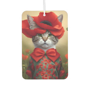 Cat with a dress made of a poppy car air freshener