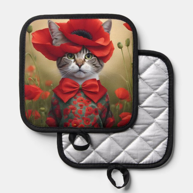 Cat with a dress made of a poppy pot holder (Front/Back)