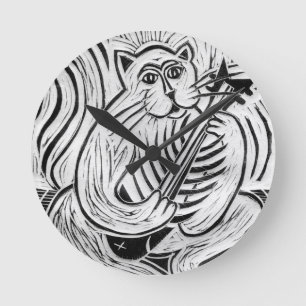 Cat with a Fish Guitar Round Clock