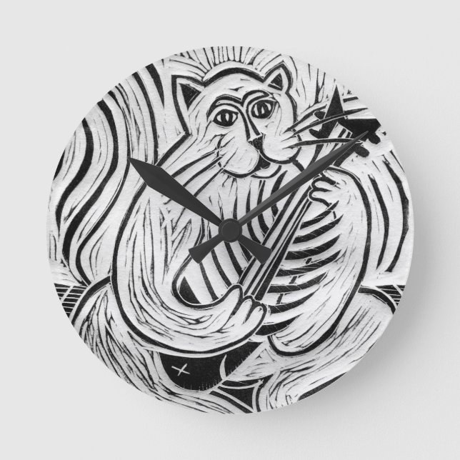 Cat with a Fish Guitar Round Clock (Front)