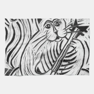 Cat with a Fish Guitar Tea Towel