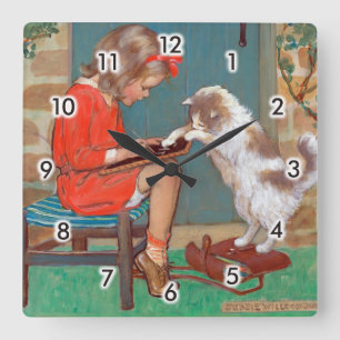 Cat with a Girl, Jessie Willcox Smith Square Wall Clock