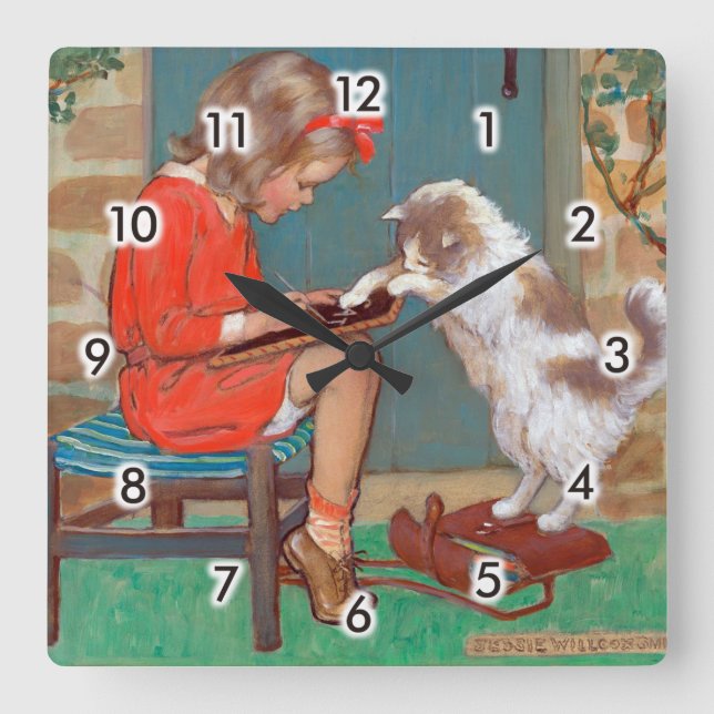 Cat with a Girl, Jessie Willcox Smith Square Wall Clock (Front)