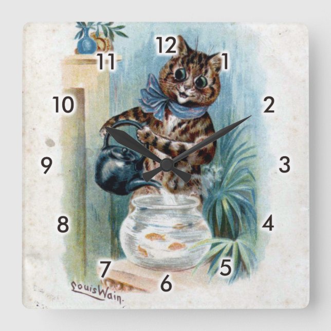 Cat with a kettle, Louis Wain Square Wall Clock (Front)