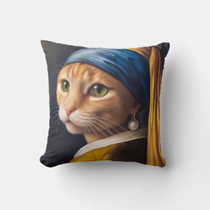 Cat with a Pearl Earring Funny Vermeer Parody Cushion