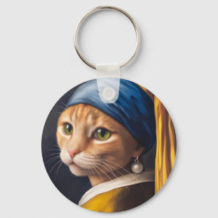 Cat with a Pearl Earring   Funny Vermeer Parody Key Ring