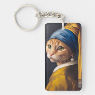Cat with a Pearl Earring Funny Vermeer Parody Key Ring