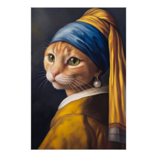 Cat with a Pearl Earring Funny Vermeer Parody Poster