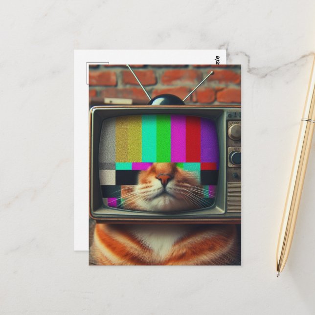 Cat With a vintage TV Face Postcard (Front/Back In Situ)