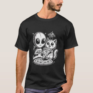 Cat With Alien Eating Pizza Funny Space Women Men T-Shirt
