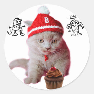 Cat with angel and devil above her head classic round sticker
