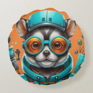Cat With Aqua-Orange Glasses Round Cushion
