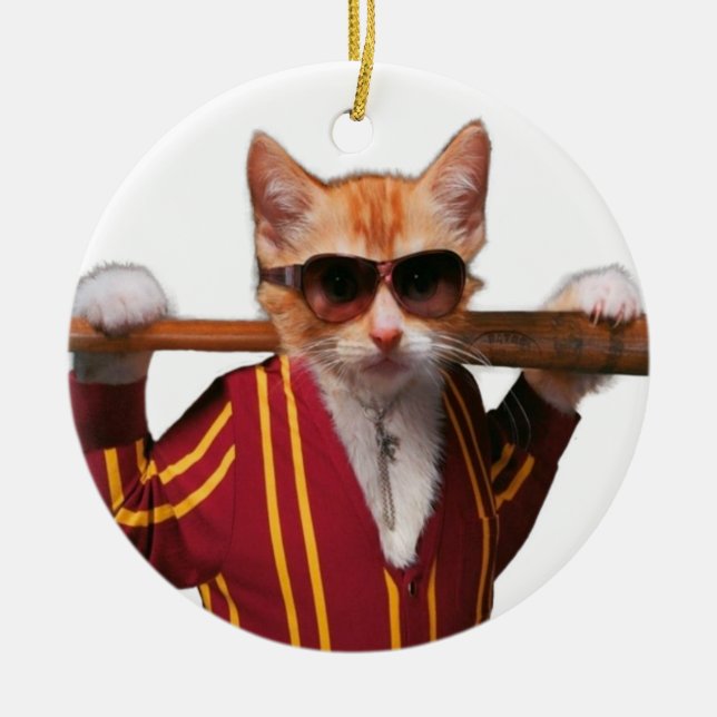Cat with baseball bat ceramic tree decoration (Front)