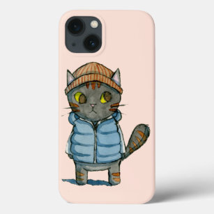 Cat with Beanie and Down Vest Watercolor iPhone 13 Case