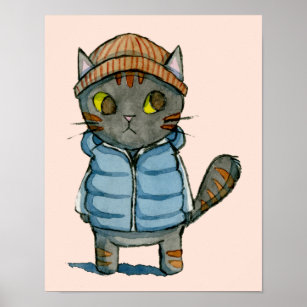 Cat with Beanie and Down Vest Watercolor Poster