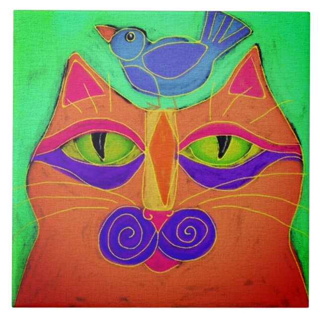 Cat with Bird on Head Abstract Painting Tile (Front)
