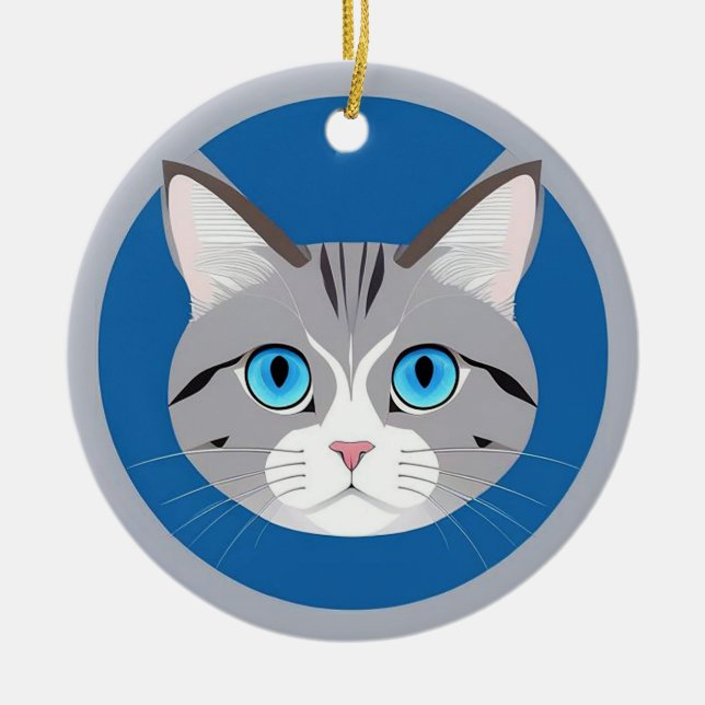 Cat With Blue Eyes Ceramic Tree Decoration (Front)