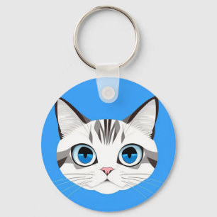 Cat With Blue Eyes Over a Bright Blue Background Key Ring