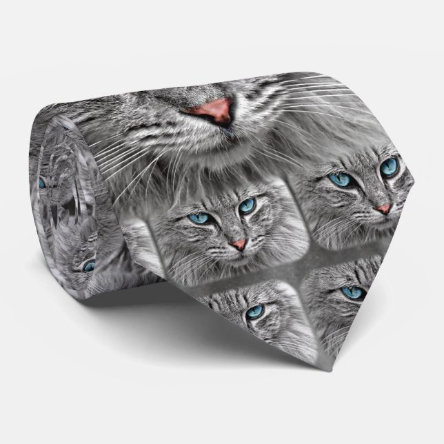 Cat with Blue Eyes Pink Nose and Grey Fur Tie (Rolled)