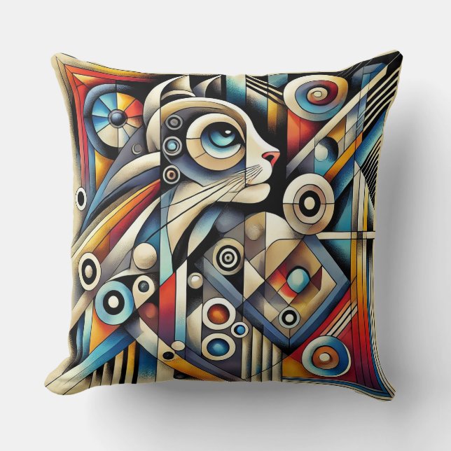 Cat with Bold Geometric Patterns and Colours Cushion (Front)