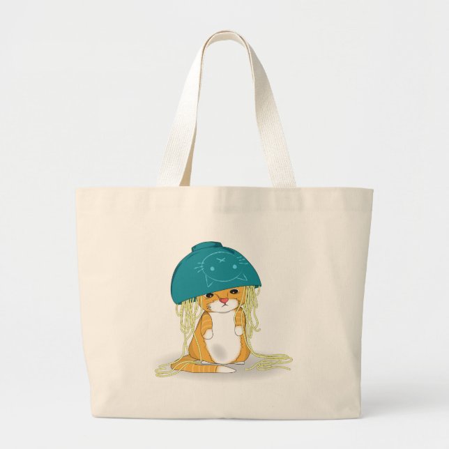 Cat with bowl of spagetti over the head large tote bag (Front)