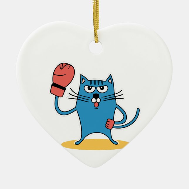 Cat with Boxing Gloves Ceramic Tree Decoration (Front)
