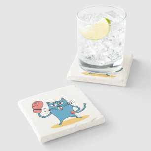 Cat with Boxing Gloves Stone Coaster