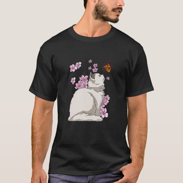 Cat With Butterfly Japanese Sakura Cherry Blossom T-Shirt (Front)