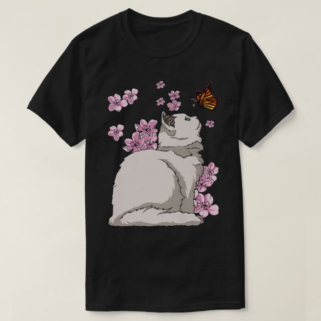 Cat With Butterfly Japanese Sakura Cherry Blossom  T-Shirt (Design Front)