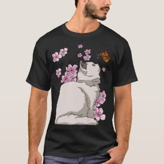 Cat With Butterfly Japanese Sakura Cherry Blossom  T-Shirt