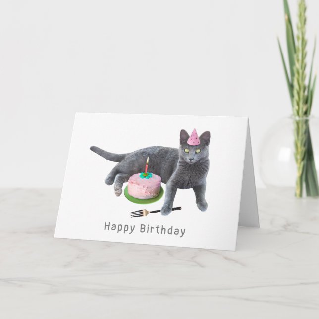 Cat with Cake Birthday Card (Front)
