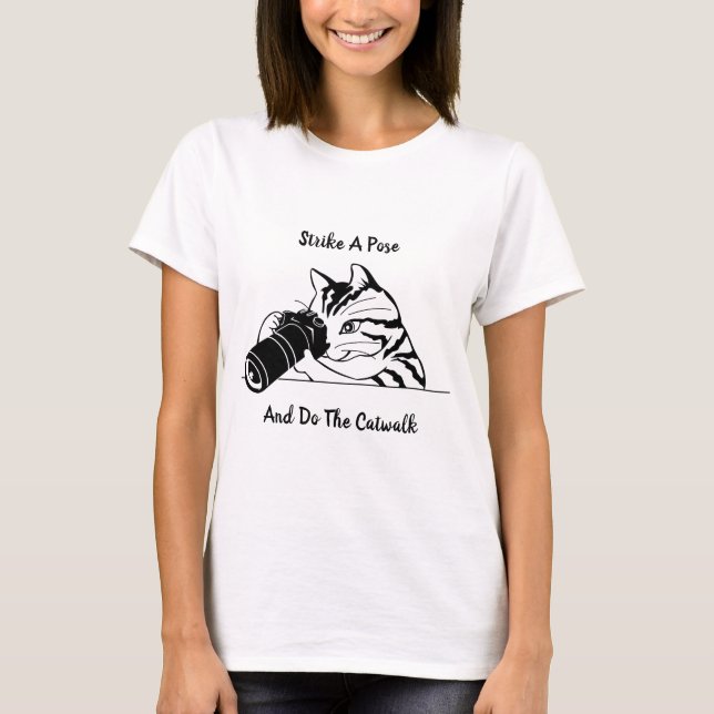Cat With Camera Black And White T-Shirt (Front)