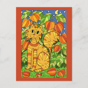 Cat with Chinese Lantern Plant Postcard
