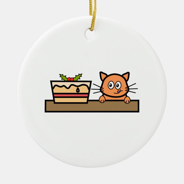 Cat with Christmas Cake. Ceramic Tree Decoration (Front)