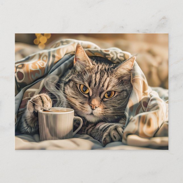 Cat with coffee and book in cosy blanket holiday postcard (Front)